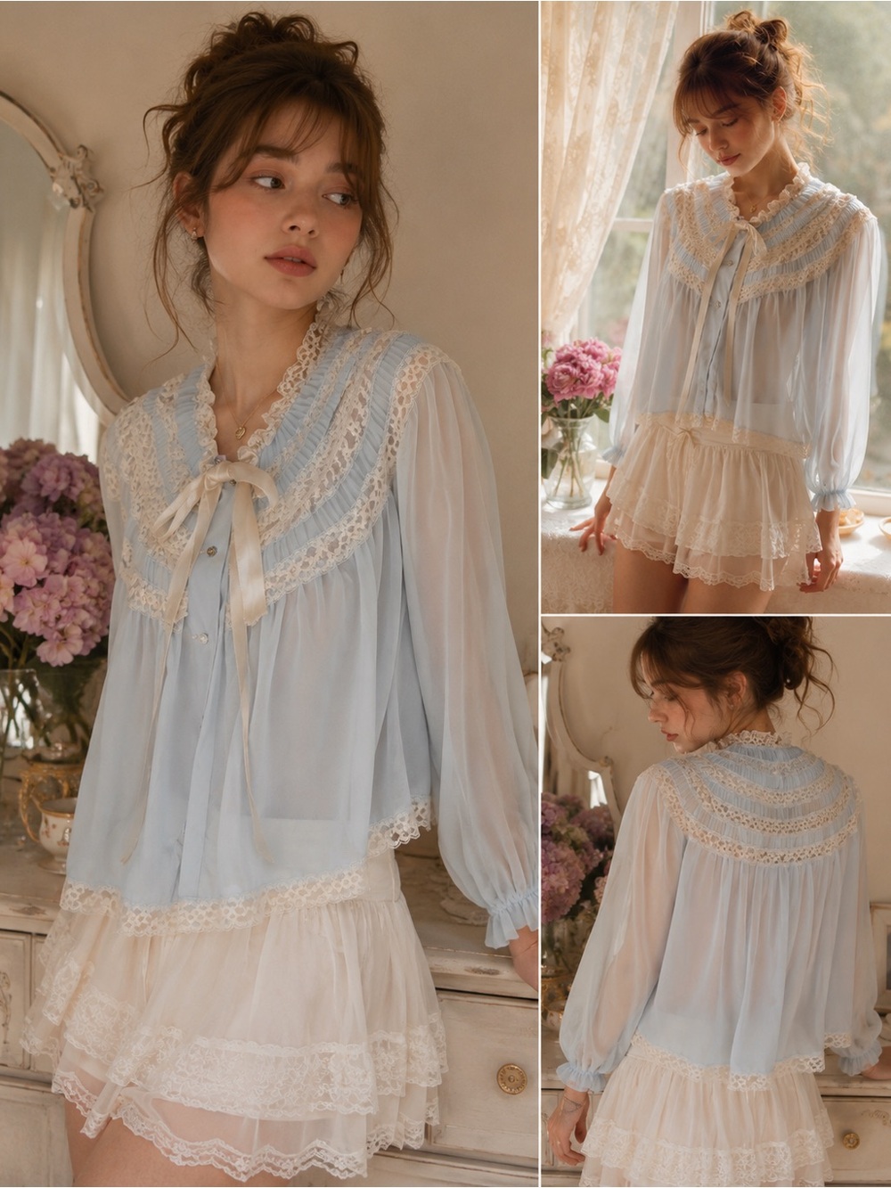 Vintage Sheer Blue Lace Top S Lingerie Victorian Coquette Balletcore Romantic - Picture 2 of 16
